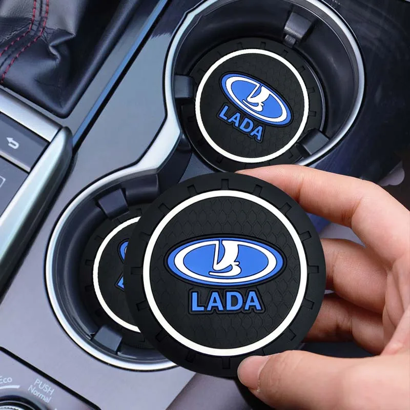 

2pcs Car Logo Coaster Water Cups Mat Decoration Pad Auto Accessories for Lada Priora Sedan Sport Kalina Granta Vesta Niva Largus
