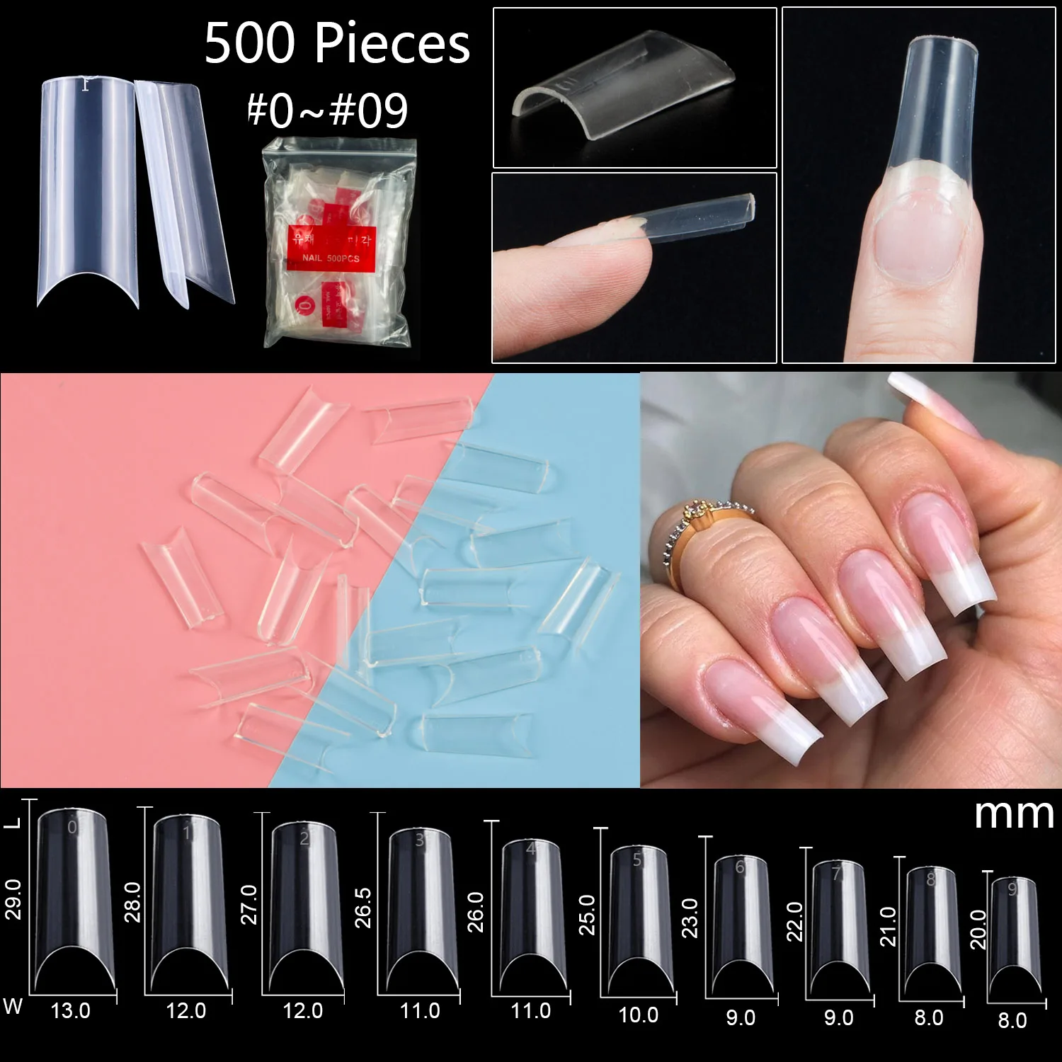 

TKGOES 500pcs/back Transparent French C Tips Completely Curved Acrylic False Nail Art Tips Decorations C Shape Full Tips PS400-C