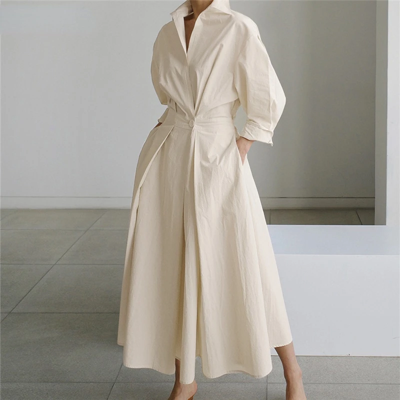

Oversized Elegant Women Autumn Sundress Fashion Lapel Neck Long Sleeve Solid Long Shirt Dress OL Vestidos Robe Femme