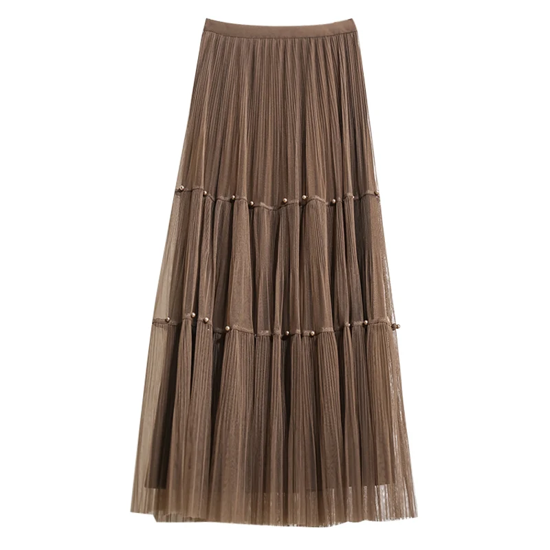 

Korean Fashion Beading Mesh Skirt Woman Pleated Elastic High Waist Skirts Female Long Mid-length Elegant Clothing Dropshipping