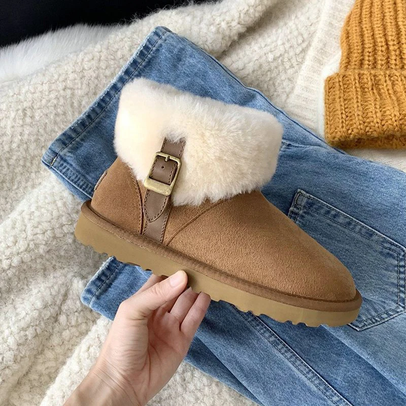 

2023 Winter Women Snow Boots Female Flock Thick Plush Flat Cotton Boot Fashion Buckle Strap Female No Slip Keep Warm Footwear
