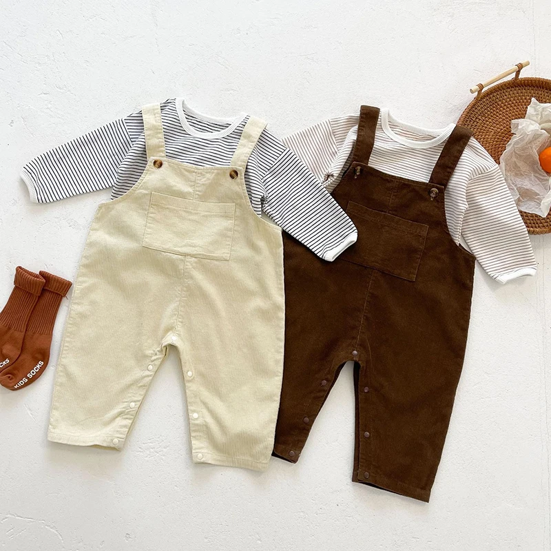 Korean Style Spring Autumn Toddler Baby Girl Clothes Set Cotton Long Sleeve Striped Top+Corduroy Suspenders Children Clothes