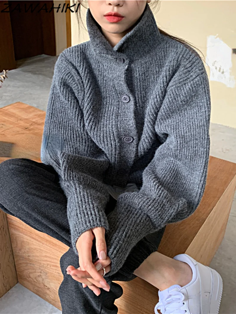 

Women Casual Turtleneck Sweater Cardigan Soft Single Breasted Cots Solid Color Loose Long Sleeve Knitwear Female Knit Outerwear
