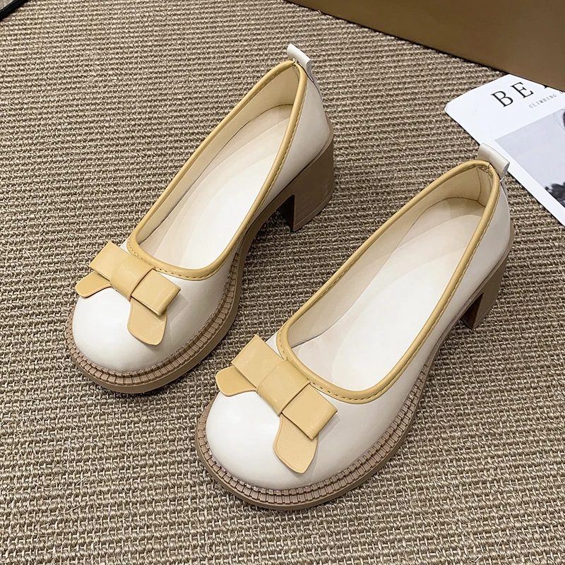 Sweet Bow High Heels Women Autumn Fashion Elegant Mary Jane Shoes Outdoor Walking Lady Loafers Party Pumps Zapatos Vestir Mujer