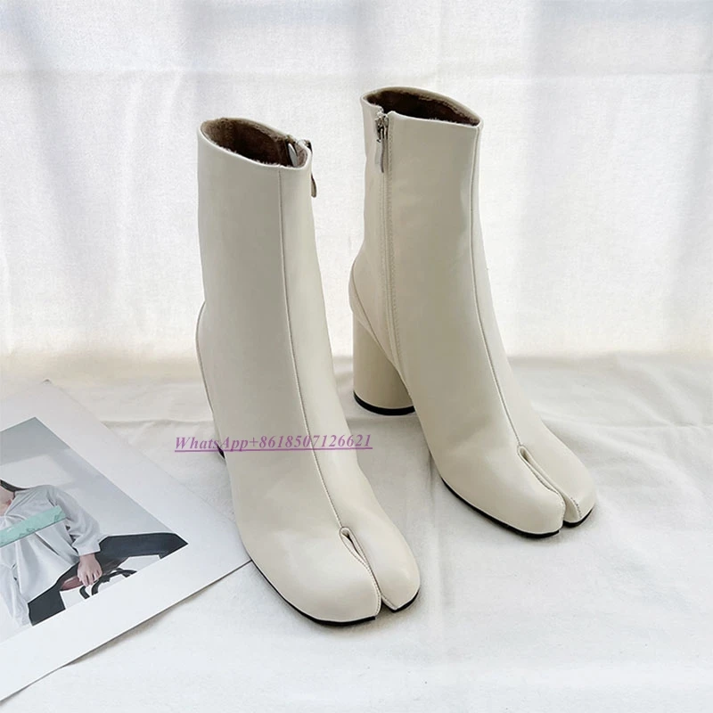 Horseshoe Split-Toe Boots Women's Fleece Warm Short Cotton Boots Side Zipper Chunky Heel High-Heeled Ankle Boots