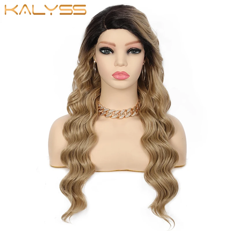Kalyss 24 Inches Synthetic for Women Long Body Ocean Waves Side Parted Ombre Blonde Heat Resistant Swiss Lace Front Wigs