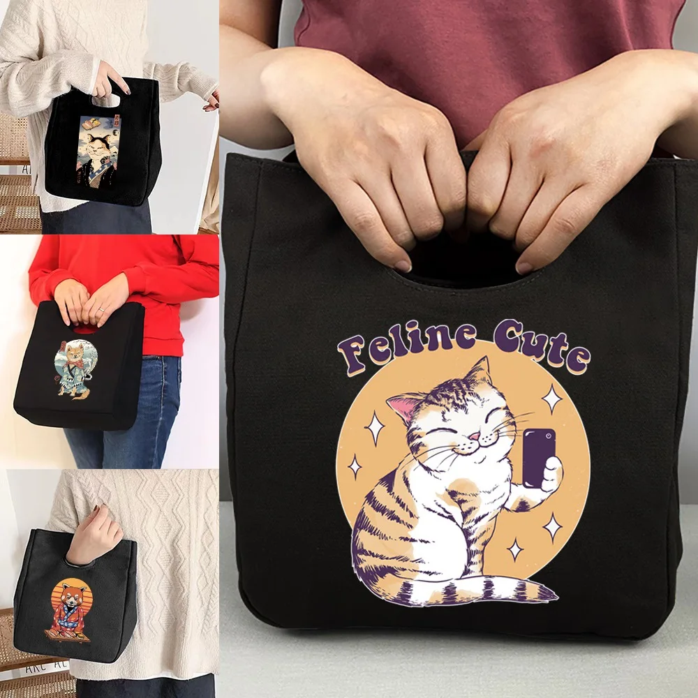 

Portable Lunch Bag Waterproof Thermal Insulated Box Bento Pouch Dinner Insulation Handbags Student Cooler Bags Anime Cat Print