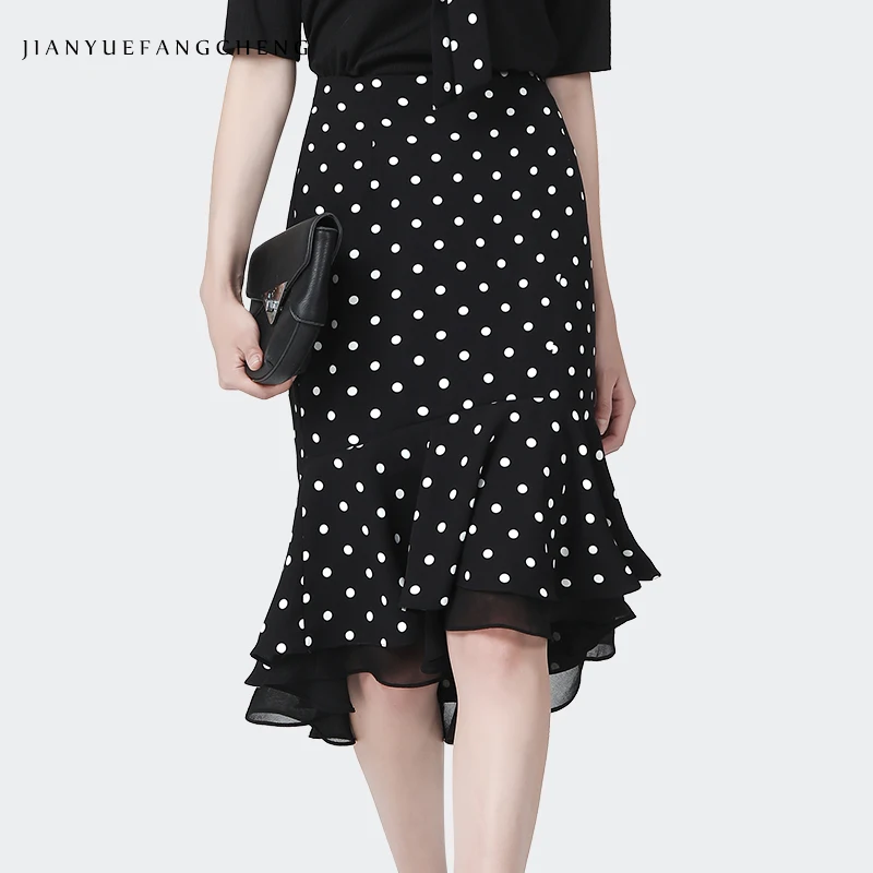 

Женская шифоновая юбка в горошек, черная юбка средней длины с завышенной талией, элегантная юбка-годе, лето 2022