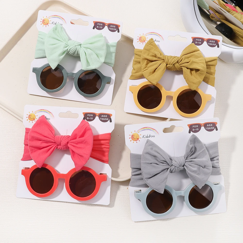 

2pcs/set Nylon Headband Kids Girls Newborn Headwear Baby Hair Accessories Sets Cartoon Round Flower Sunglasses with Hair Band