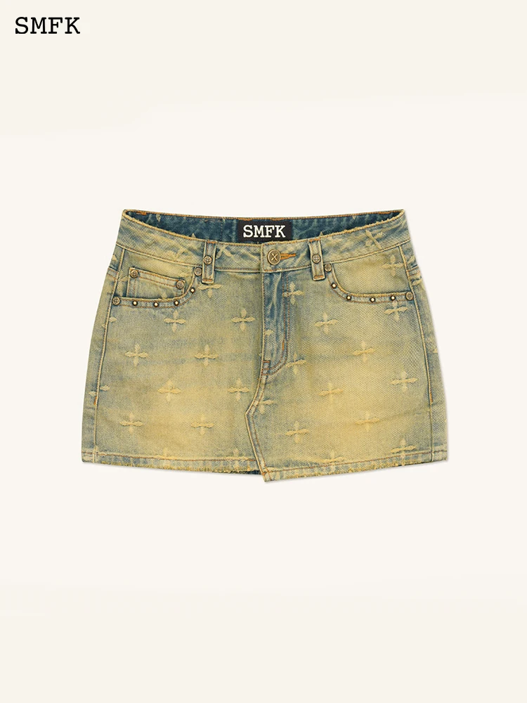 Женская джинсовая короткая юбка SMFK винтажная с высокой талией и эффектом