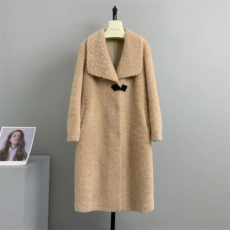 

genuine 100% wool 2023 New Lamb Women's Medium Long Haining Fur Knee Length Sheep Shearing Coat
