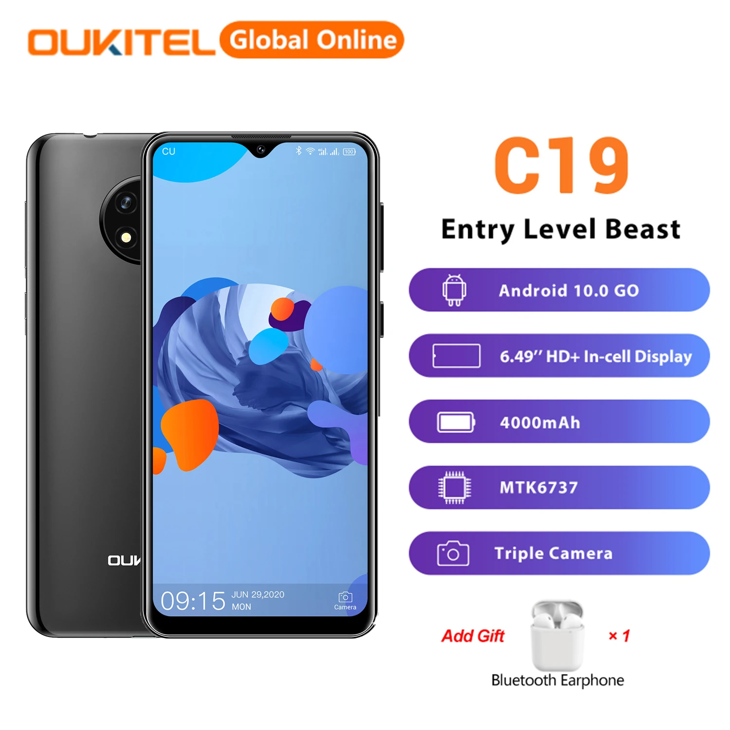 

OUKITEL C19 6.49''HD 2GB 16GB Smartphone Quad Core 13MP Triple Camera Android 10 Global Version MTK6737 4000mAh 4G Mobile Phone