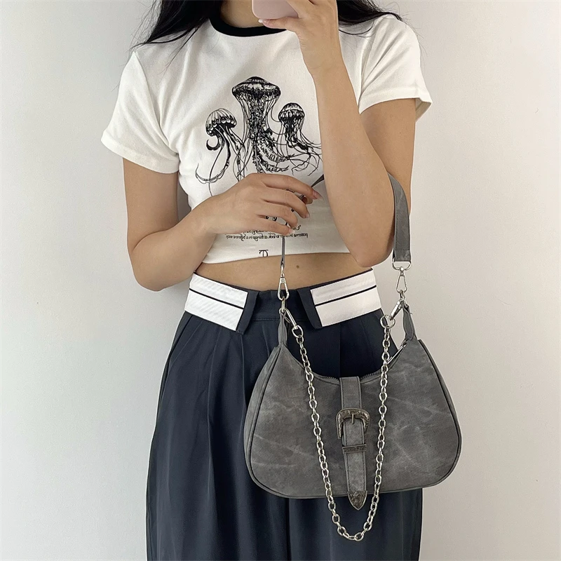 Hobos Shoulder Bags for Women Leather Designer Chain Underarm Bag Street Crescent Handbags and Purse Vintage Girl Shopper Pocket
