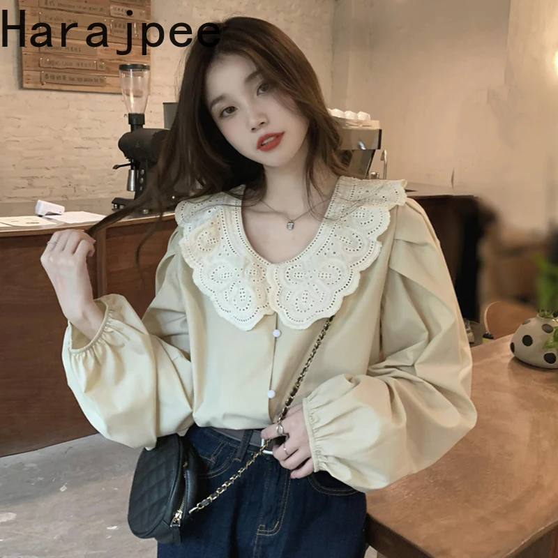 

Harajpee French Style Shirt Doll Collar Hollow Out Long Sleeve Korean Chic Solid Loose Casual Women Blouse Spring New Tops 2022
