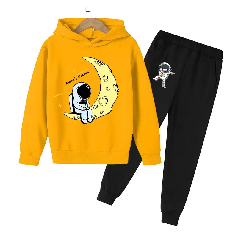 

Комплект с капюшоном с рисунком астронавта, весенний спортивный комплект для бега, детская спортивная одежда, хлопковые повседневные топы ...