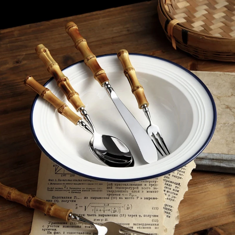 

New-Dinnerware Set 20Pcs Bamboo Handle Cutlery Set 304 Stainless Steel Knife Fork Spoon Tableware With Bamboo Handle