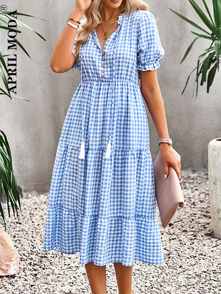 

2023 Summer Elegant Plaid Print Loose Long Midi Women's Dress V Neck Fashion A line Bodycon Vintage One Piece Tunic Party Dress