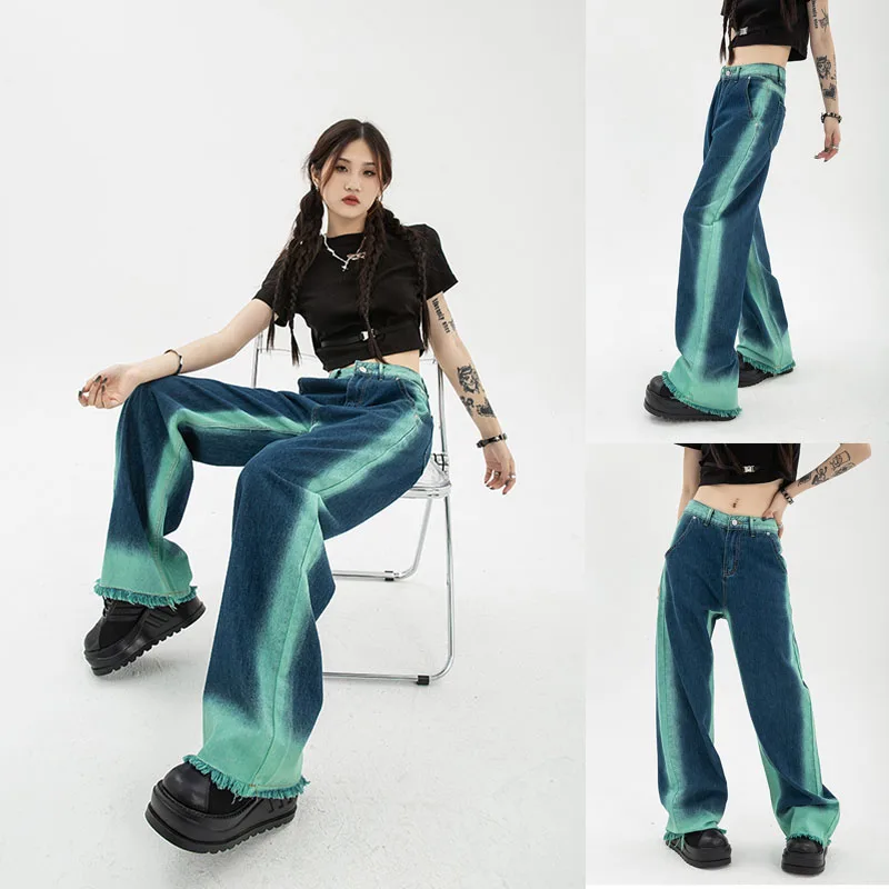 

Джинсовые брюки контрастных цветов с широкими штанинами, завышенной талией, свободного кроя, темпераментная прямая тонкая швабра с бахромо...