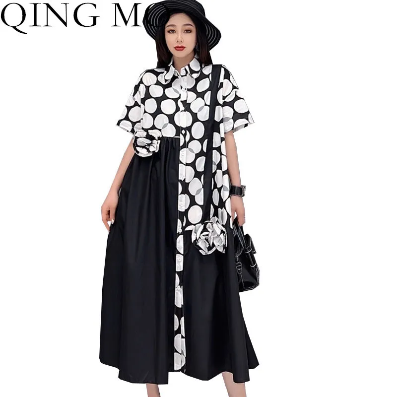

QING MO Women Short Sleeve Shirt Dress 2023 Summer Fashion Loose Mid-length Irregular Flowers Decorate Polka Dots Dress LHX455A