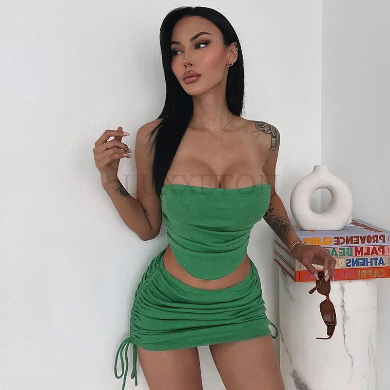 

Женский Повседневный комплект с юбкой Y2K, голубой пляжный комплект из двух предметов, короткий топ без бретелек с открытой спиной и мини-юбк...