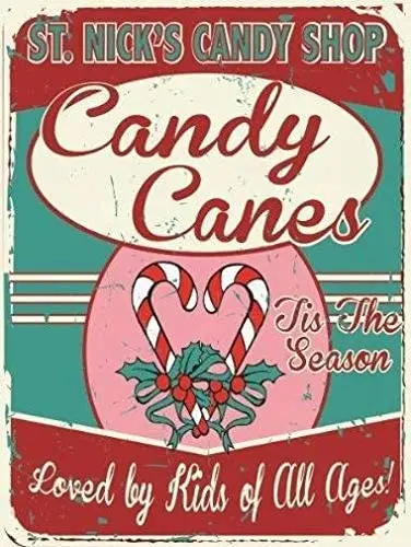 

HAIMAX Metal Signs Saint Nicks Candy Shop 16" x 12" Red and White Striped Candy Canes, Christmas Treats Tin Sign Cafe