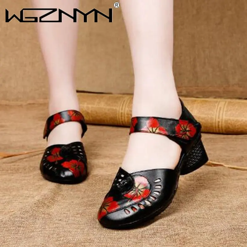 

Женские сандалии из натуральной кожи, летние дышащие сандалии с цветочным принтом, на высоком каблуке, в китайском стиле, 2023