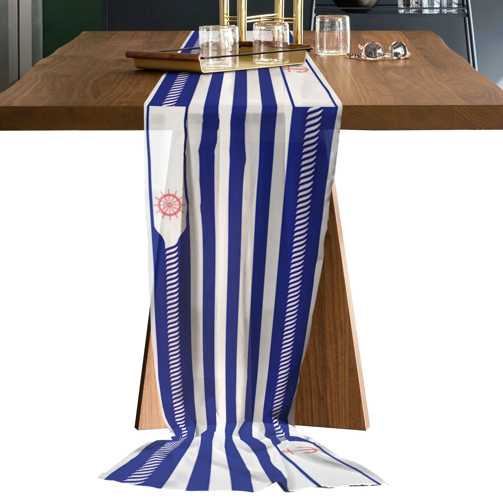 

Шифоновая скатерть в синюю полоску с якорем для свадьбы, праздника, обеденной вечеринки, торта, тюля, вуали, скатерть