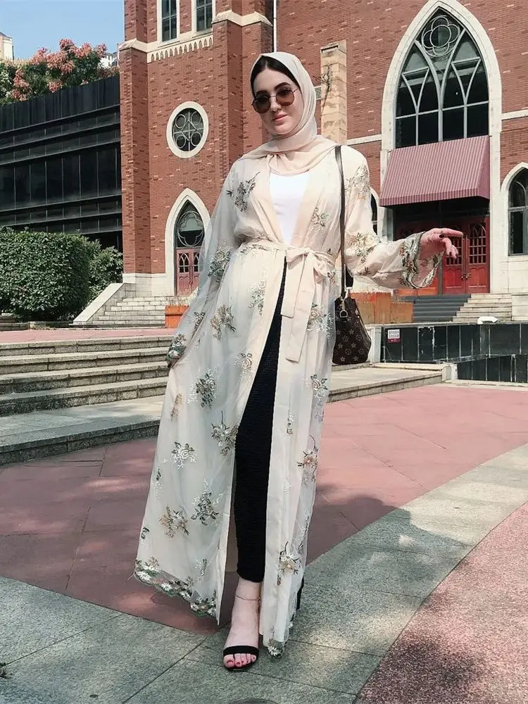 Рамадан Ид открытое кружевное кимоно Абая Дамен Дубай ислам мусульманская