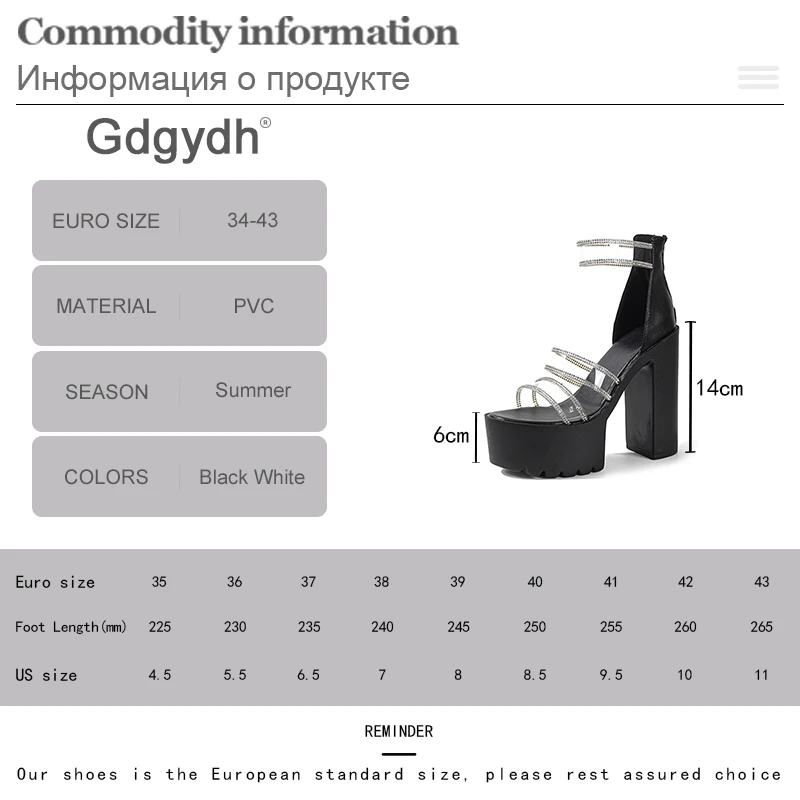 Gdgydh Women's Transparent Peep Toe Sandals Platform Block Heeled Ankle Strap Back Zipper Fashion Crystal Party Shoes