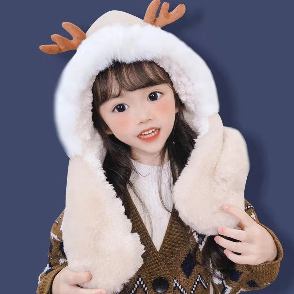 

Baby Children Hat For Boys Girls 2022 Winter Thicken Warm Antlers Caps Scarf Plus Velvet Christmas Hat Cute Windproof