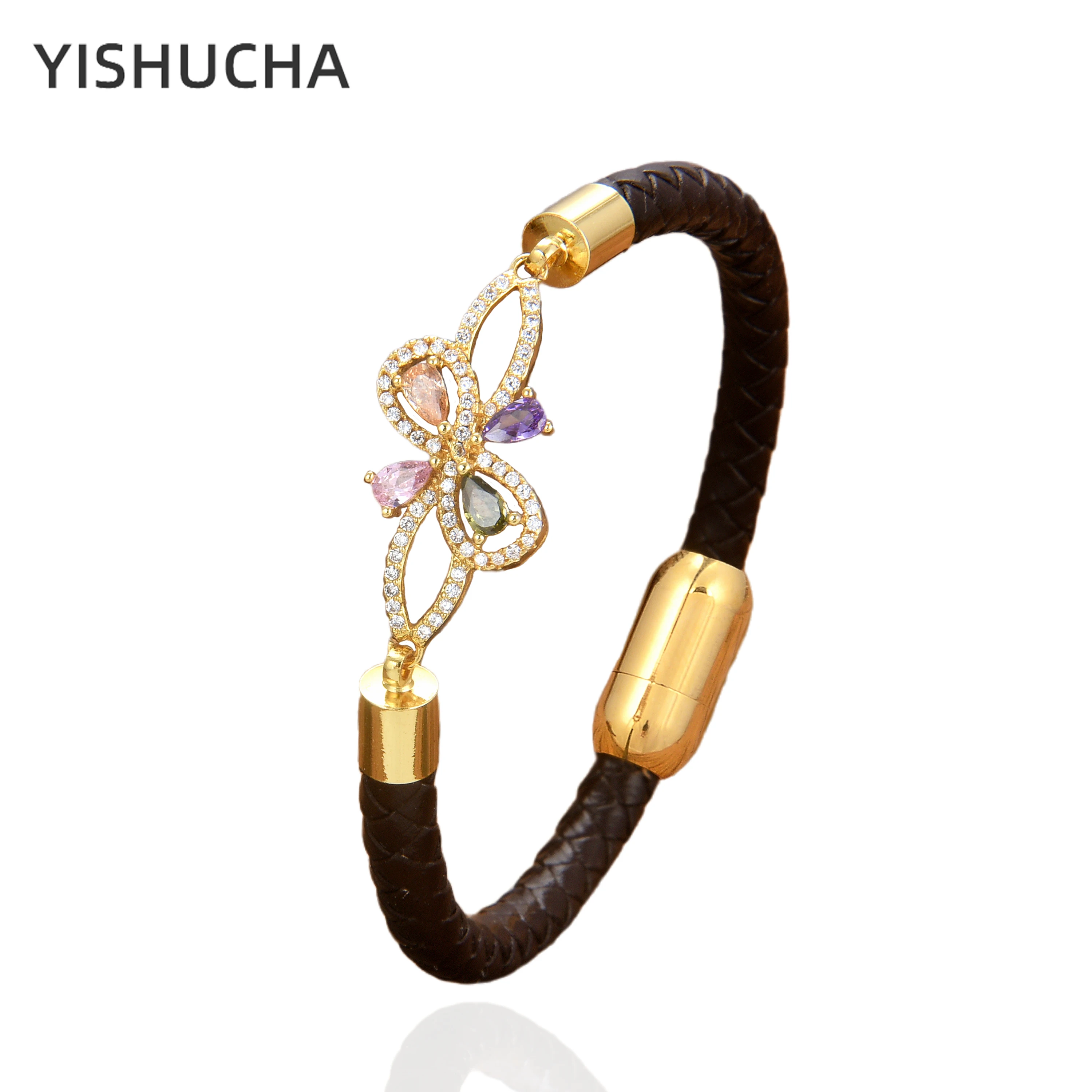 Купи YISHUCHA Elegant Simple Colourful Crystal Women Bracelets Luxury Design Brown Leather Charm Bracelet Exquisite Female Jewelry за 275 рублей в магазине AliExpress