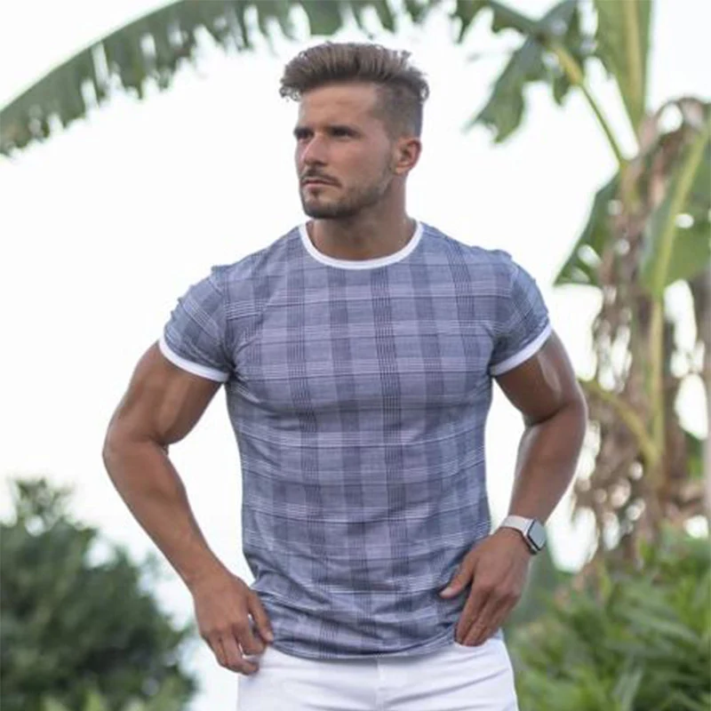 

Nuevo músculo de gimnasio para hombres europeos y americanos, patrón informal de secado rápido, transpirable, cuello redondo, ma