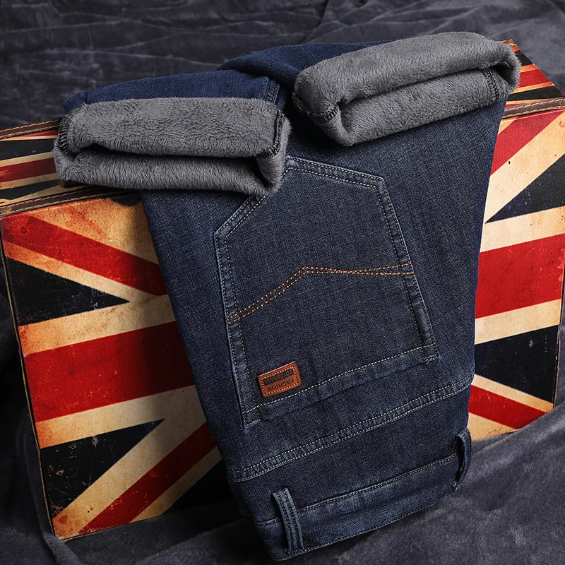Men's winter jeans men's straight elastic casual business Plush versatile washed denim pants middle-aged man джинсы для мужчин