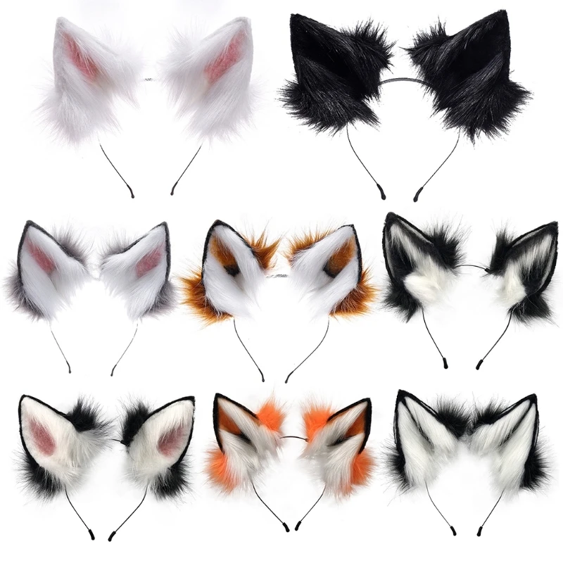

F42F Handmade Adjustable Furry Wolf Ears Headband Simulation Contrast Color Fluffy Plush Animal Hair Hoop Anime Cosplay
