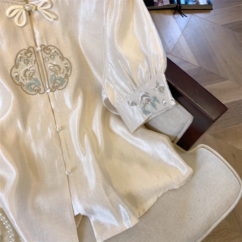 Атласные женские рубашки блузки с вышивкой в китайском стиле свободные модные