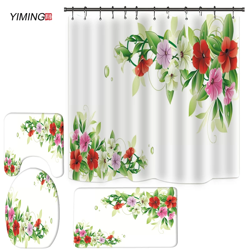 yiming new floral fragrance printing bathroom set shower curtain bathroom mat toilet cover set shower curtain home decoration free global shipping