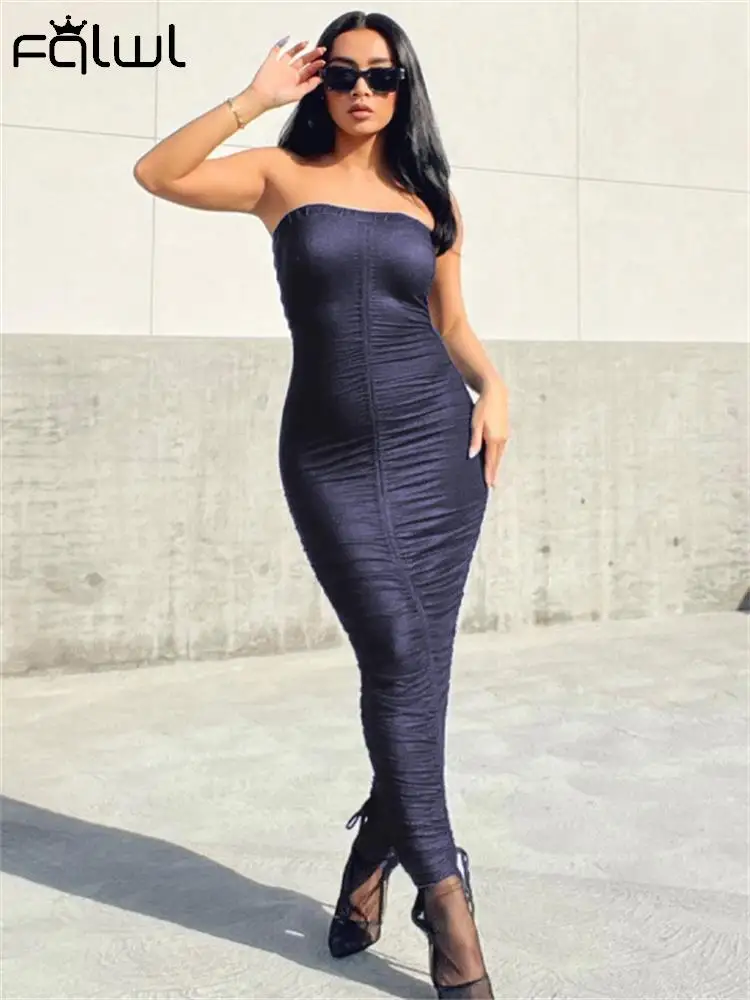 

Habbris Summer Sexy Luxury Long Dresses Club Outfit For Women 2023 Sleeveless Strapless Bodycon Ruched Maxi Dresses Female Dress