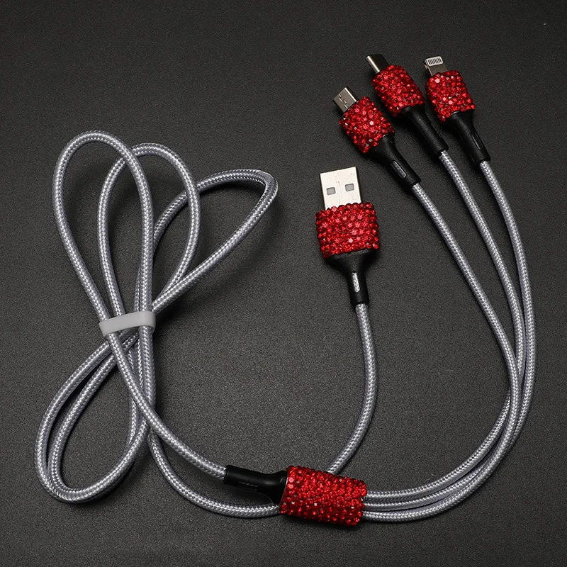 3 in 1 usb cable for iphone diamond crystal car fast charging cable for android micro type c type c mobile phone charger wire free global shipping