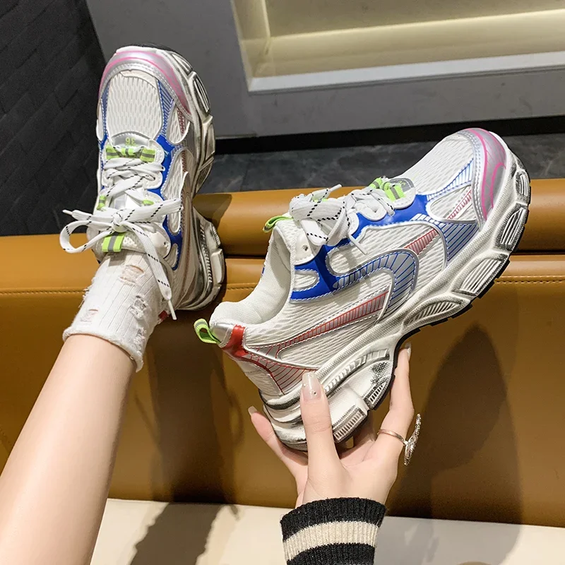 

Fashion 2023 Spring Platform Sneakers Women Shoes Korean Lace Up Chunky Sneakers Mixed Color Breathable Women's Vulcanize Shoes