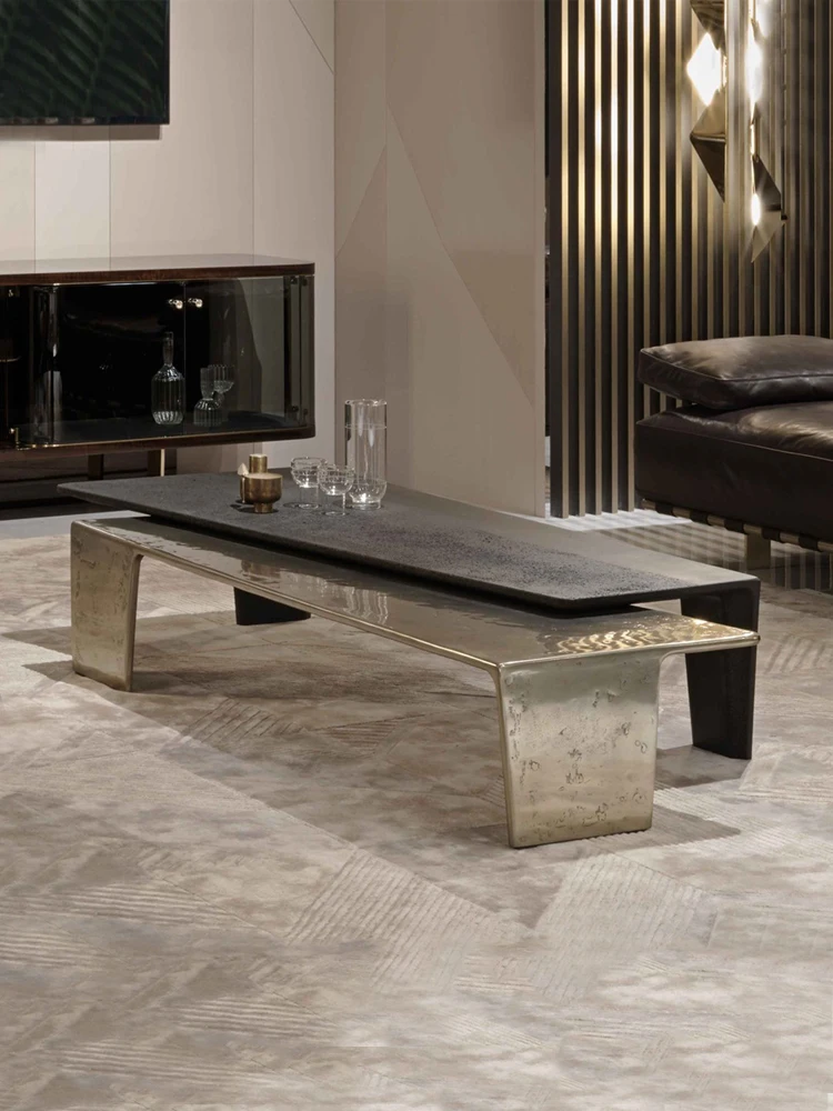 

Light luxury modern tea table stainless steel solid wood used tea table living room special-shaped high-grade feeling household