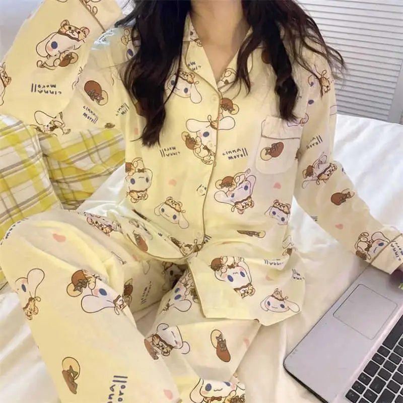 

Пижамные комплекты Sanrio, весна-осень, кавайные хлопковые топы для сна в стиле коричника, Мультяшные пижамы для женщин, повседневная домашняя ...