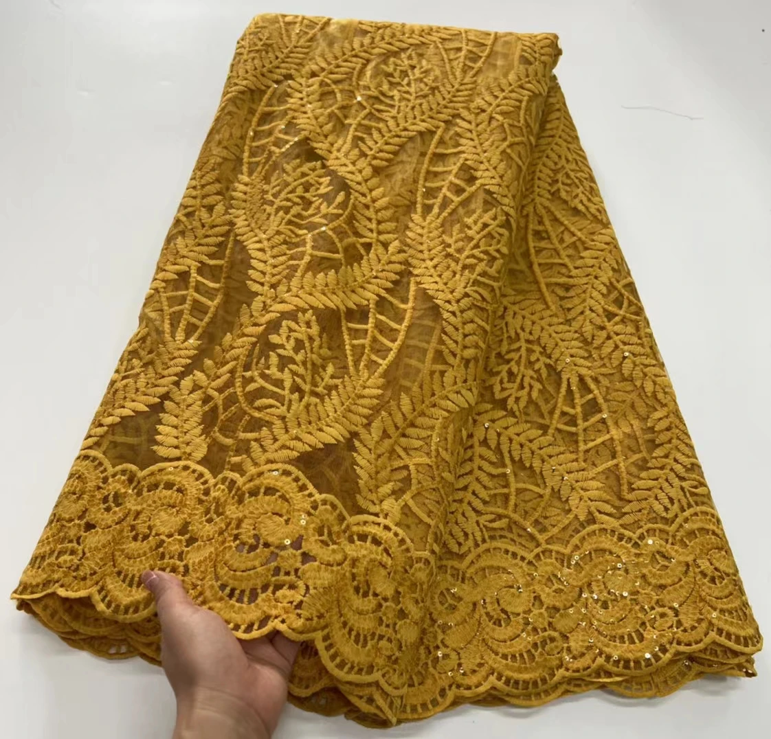 

Latest Gold Brown African Milk Silk Cord Lace Fabric 5 Yards 2023 High Qulity French Nigerian Sequins Tulle Lace Fabric PHD23114