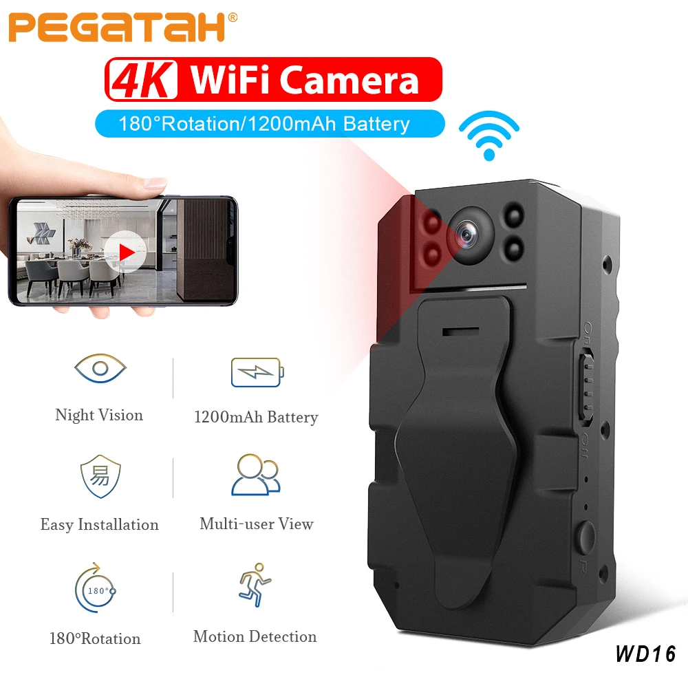 

PEGATAH WD16 Night vision Camcorder Portable wifi Mini Camera 4K 180 Rotation Degrees Wireless Micro Cam Video Surveillance