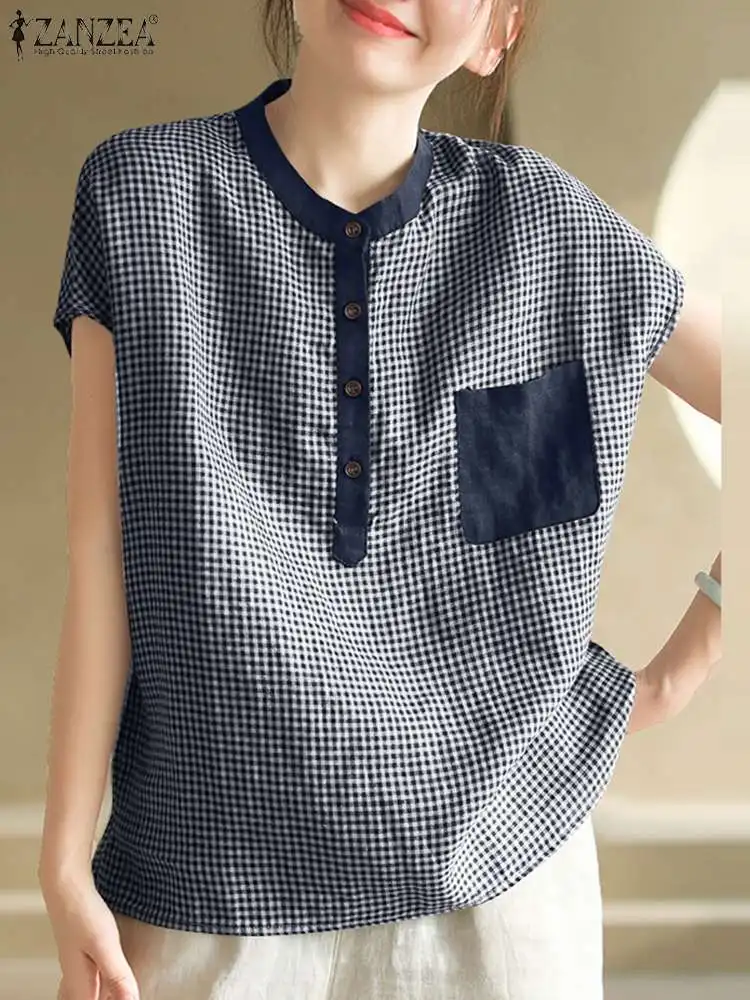 Винтажная офисная блузка 2024 ZANZEA летняя Лоскутная рубашка Женские Мешковатые
