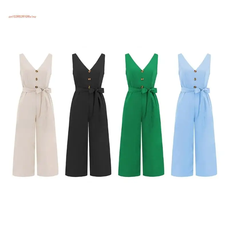 

Women Sleeveless Cropped Romper Button V-Neck Solid Color Tie Waist Jumpsuits