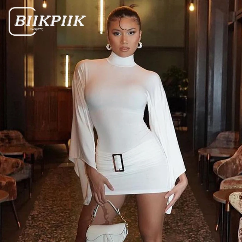 

BIIKPIIK Sexy White Button Flare Sleeve Women Dress Casual Turtleneck Skinny Mini Dress Party New Autumn Concise Elegent Outfits