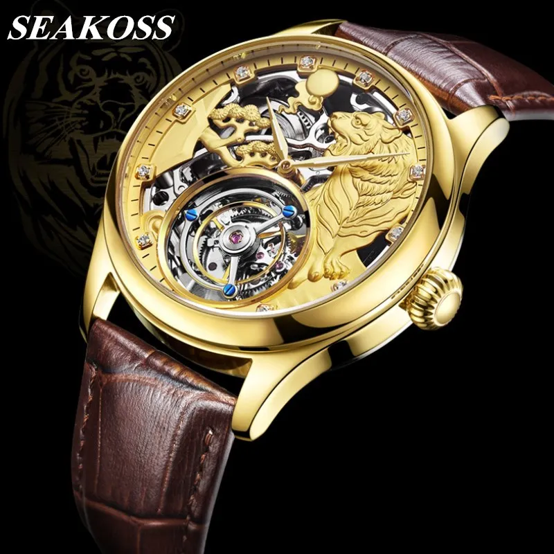 

Zodiac Tiger Super Skeleton Real Tourbillon Watches Men Luxury Sapphire Glass Men's Hand Wind Mechanical Watches Leather Clock