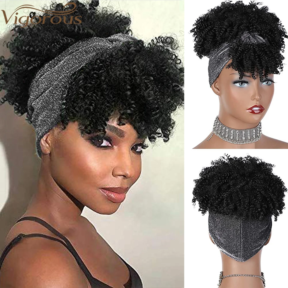 MONIXI Synthetic Curly Headband Wigs Short Black Kinky Curly Wig with Bangs Afro Puff Wigs for Women Head Wrap Wig