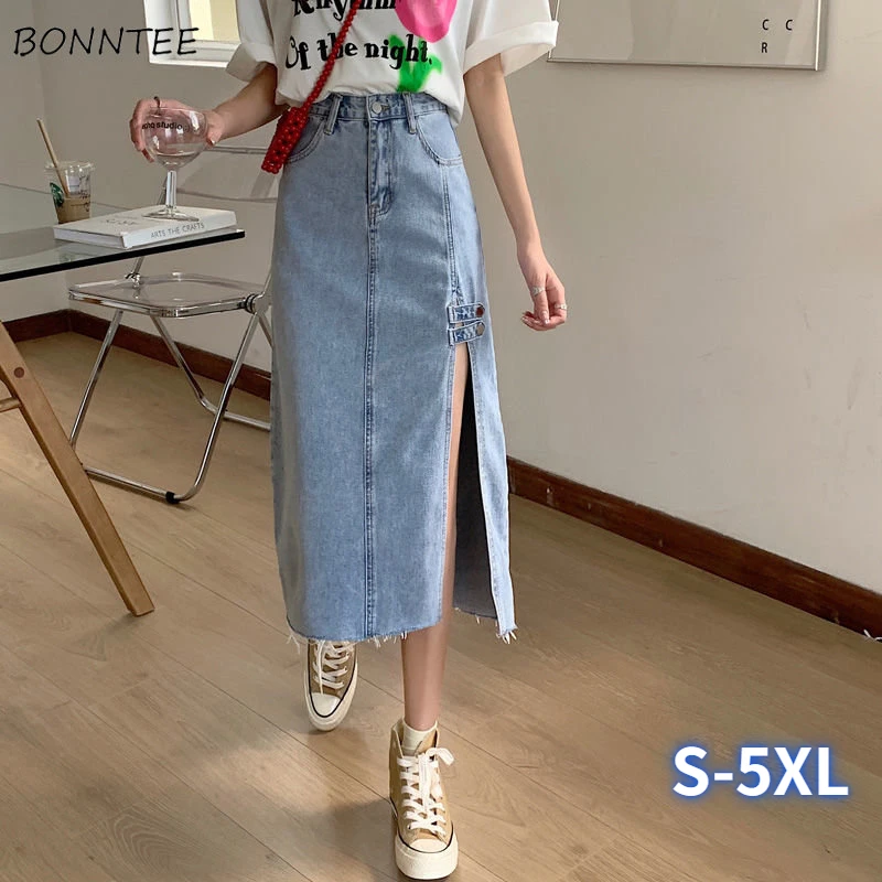 

Женские повседневные юбки с Боковым Разрезом в стиле Харадзюку, элегантные джинсовые юбки в Корейском стиле для девушек в стиле ретро