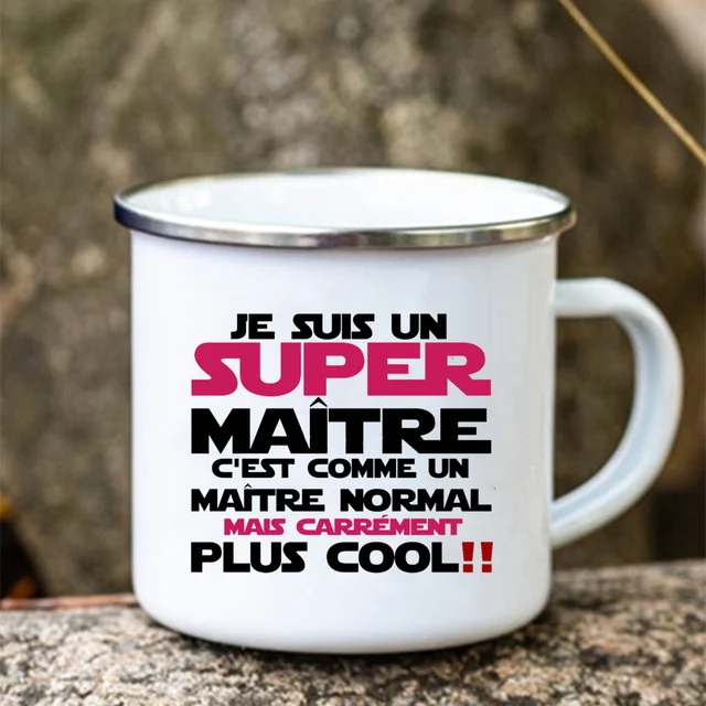 Merci Maitre Printed Mugs Creative Coffee Tea Cups Drinks Water Milk Enamel Mug School Home Handle Drinkware Gifts for Teacher 6
